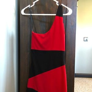Asymmetrical red and black body con dress